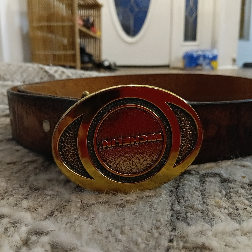 Vintage Hand-Tooled Men's Leather Belt With Michelin Buckle 41 In Brown